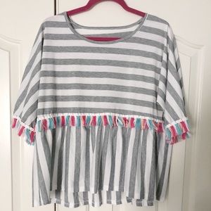 Grey & White Stripped Top With Colorful Tassels